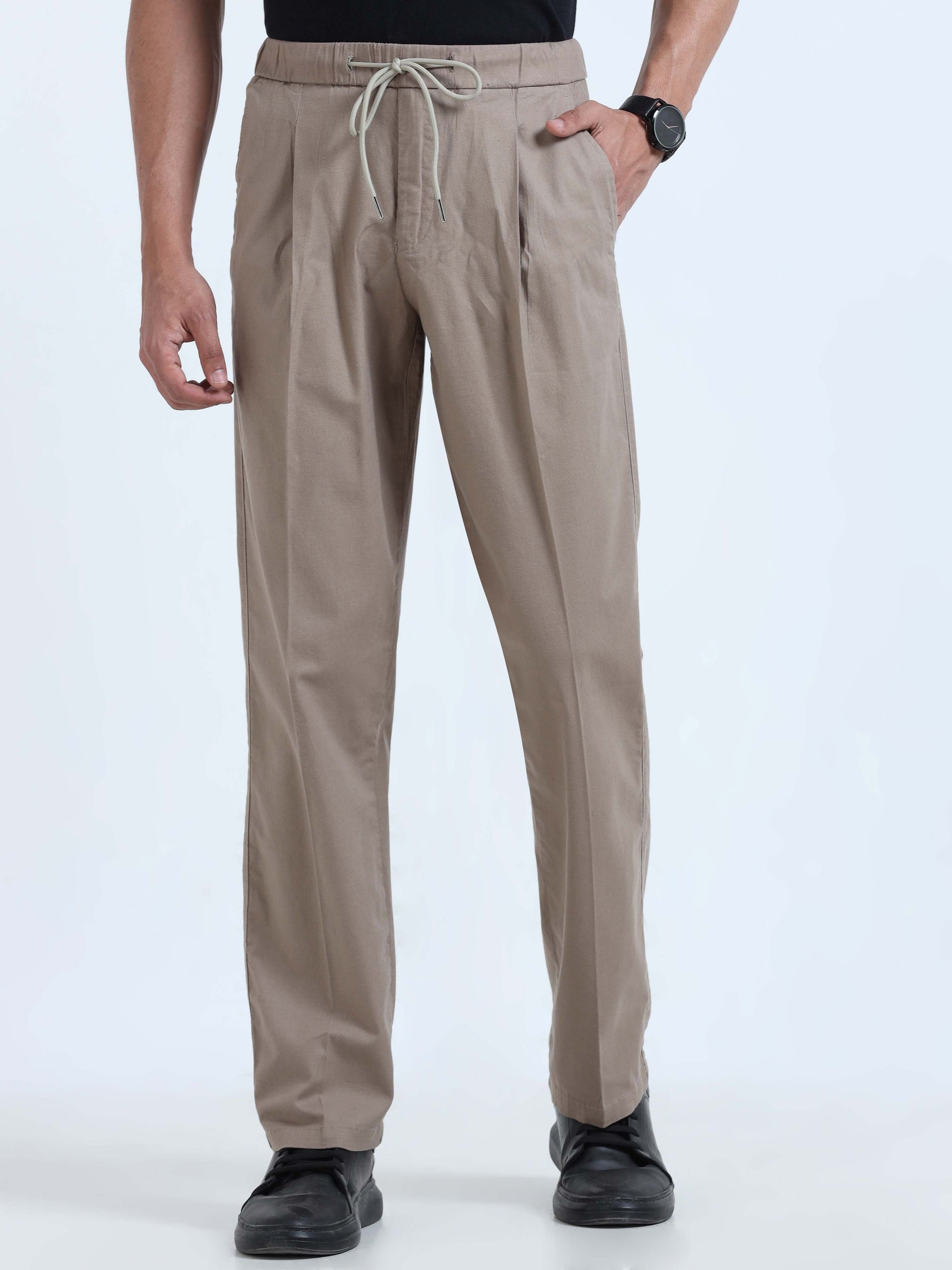 Khaki Lazy Linen Pleated Pants for Men