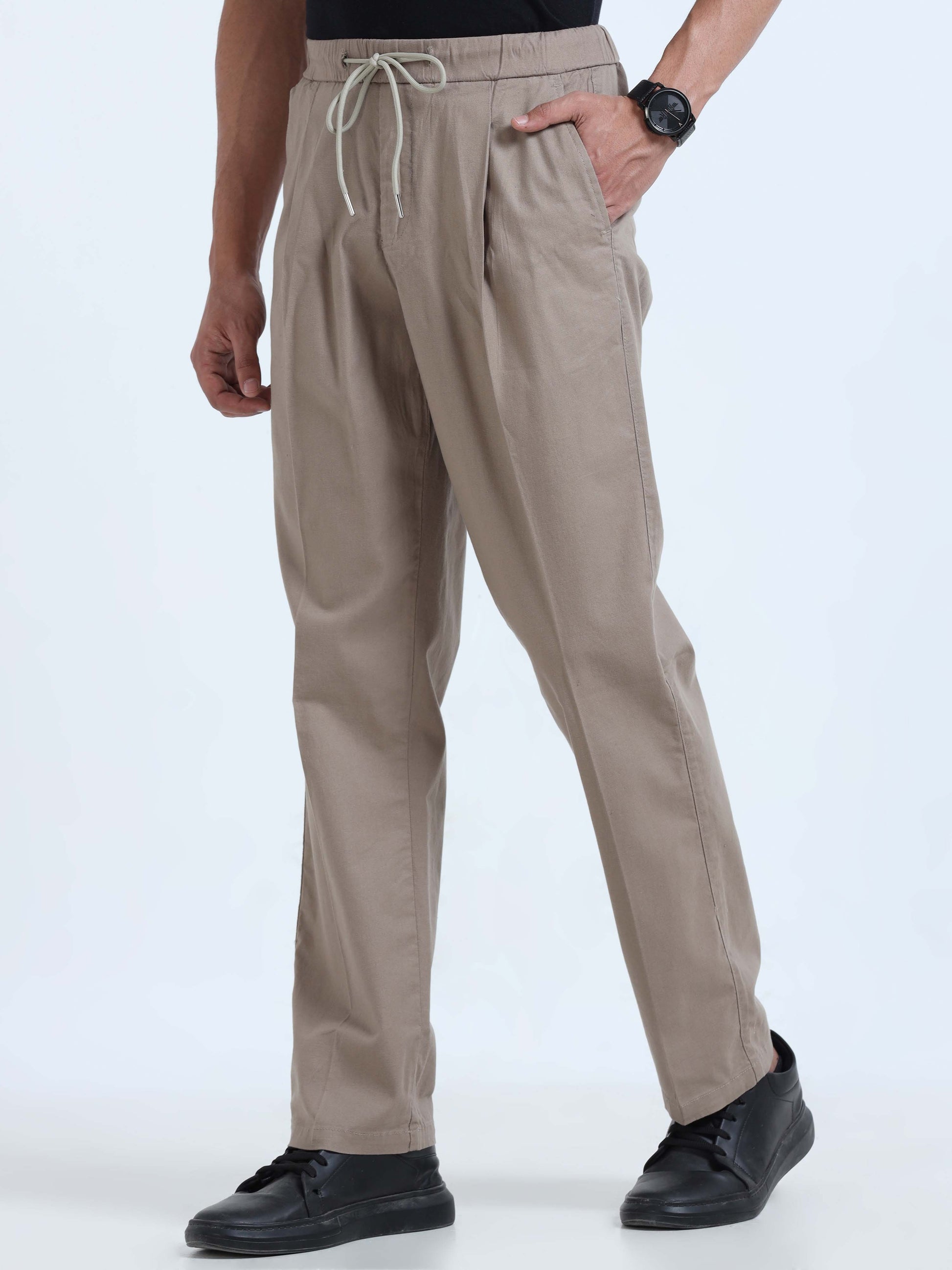 Khaki Lazy Linen Pleated Pants For Men