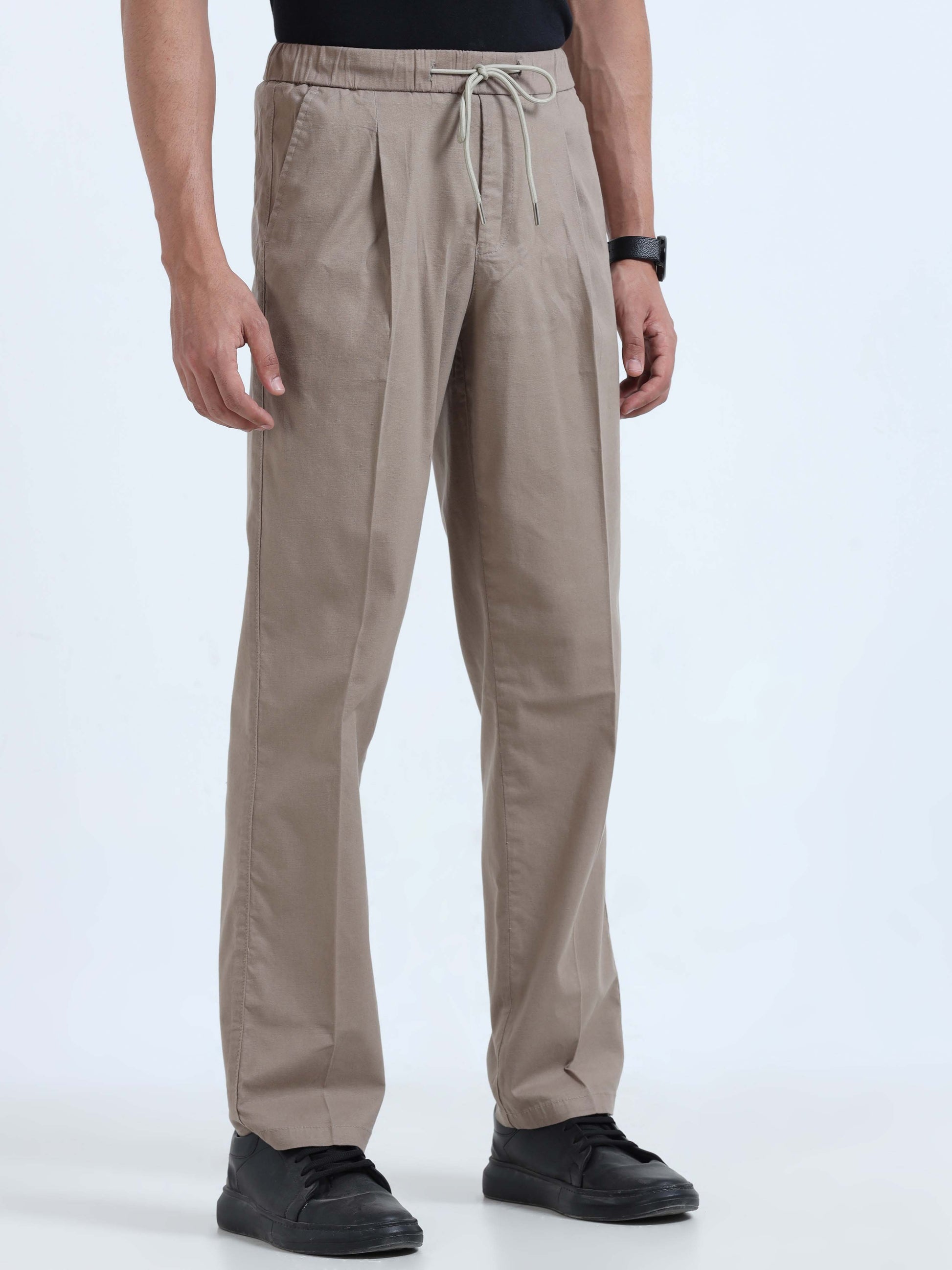 Khaki Lazy Linen Pleated Pants For Men