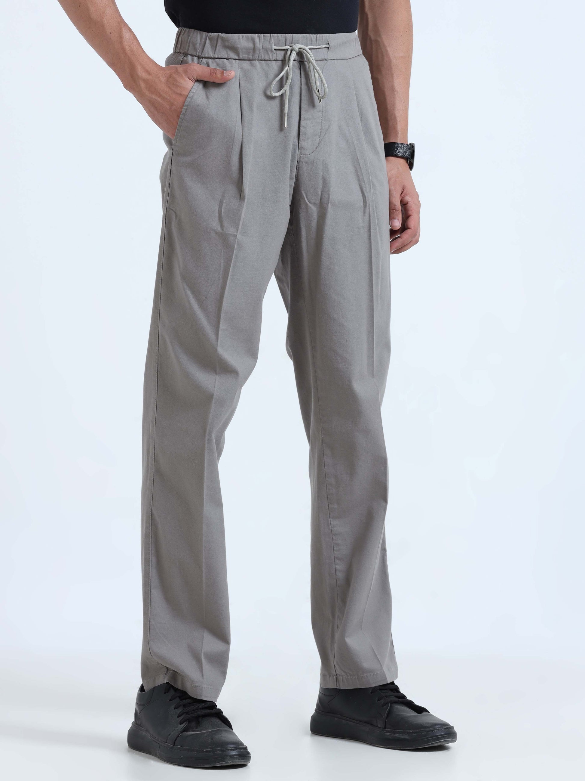 Light Grey Lazy Linen Pleated Pants For Men