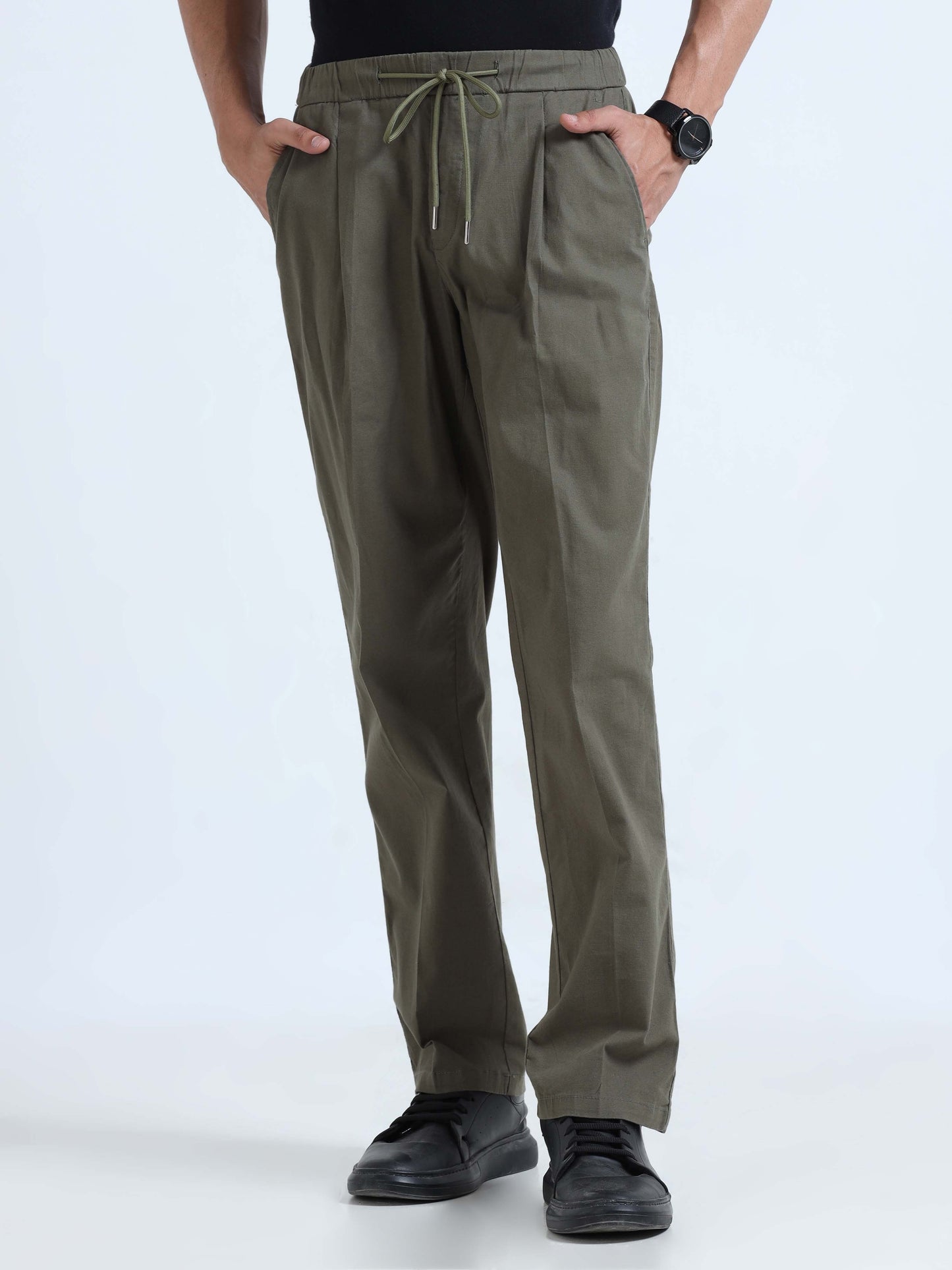 Olive Lazy Linen Pleated Formal Pants For Men