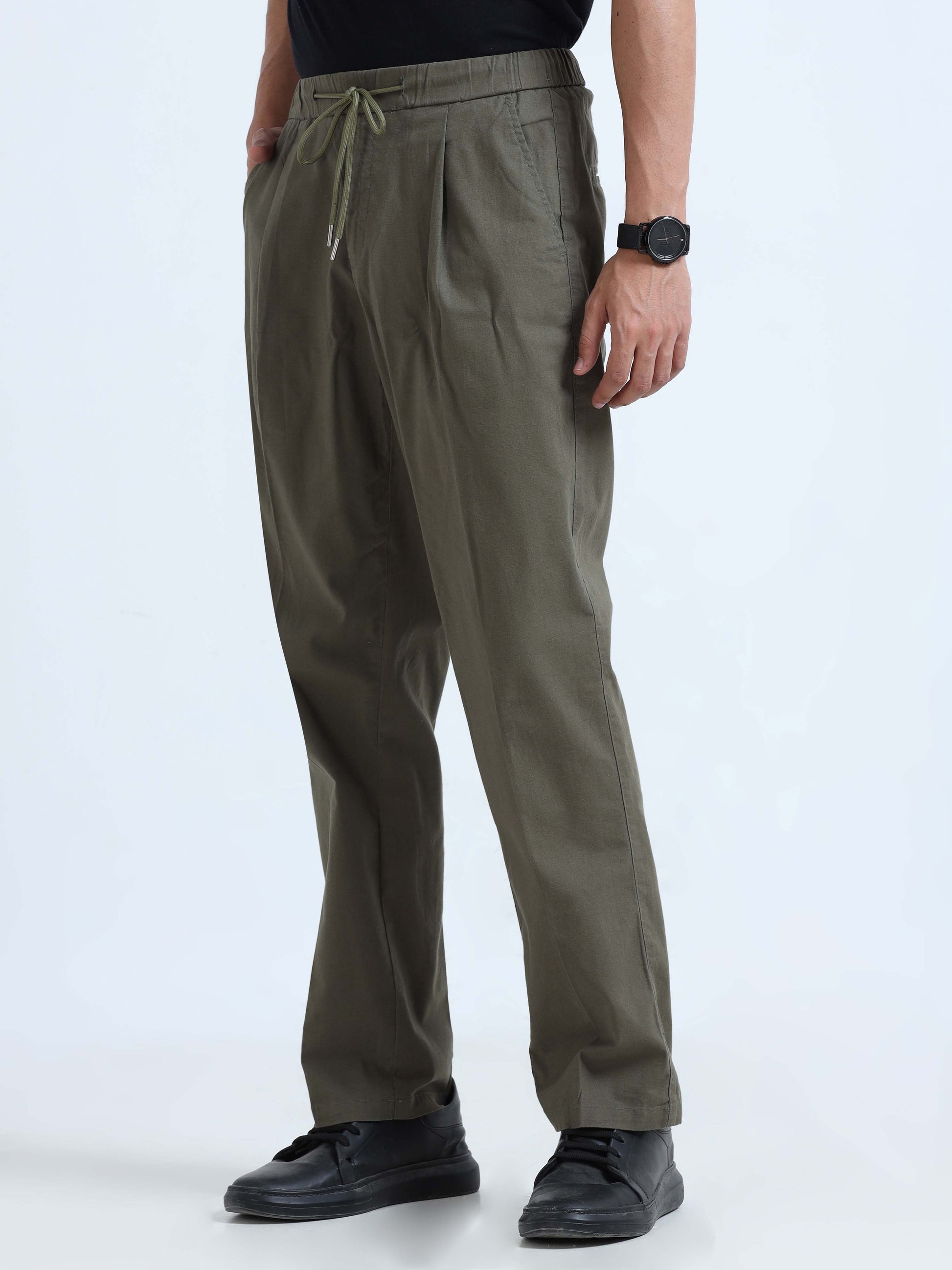 Olive Lazy Linen Pleated Formal Pants For Men