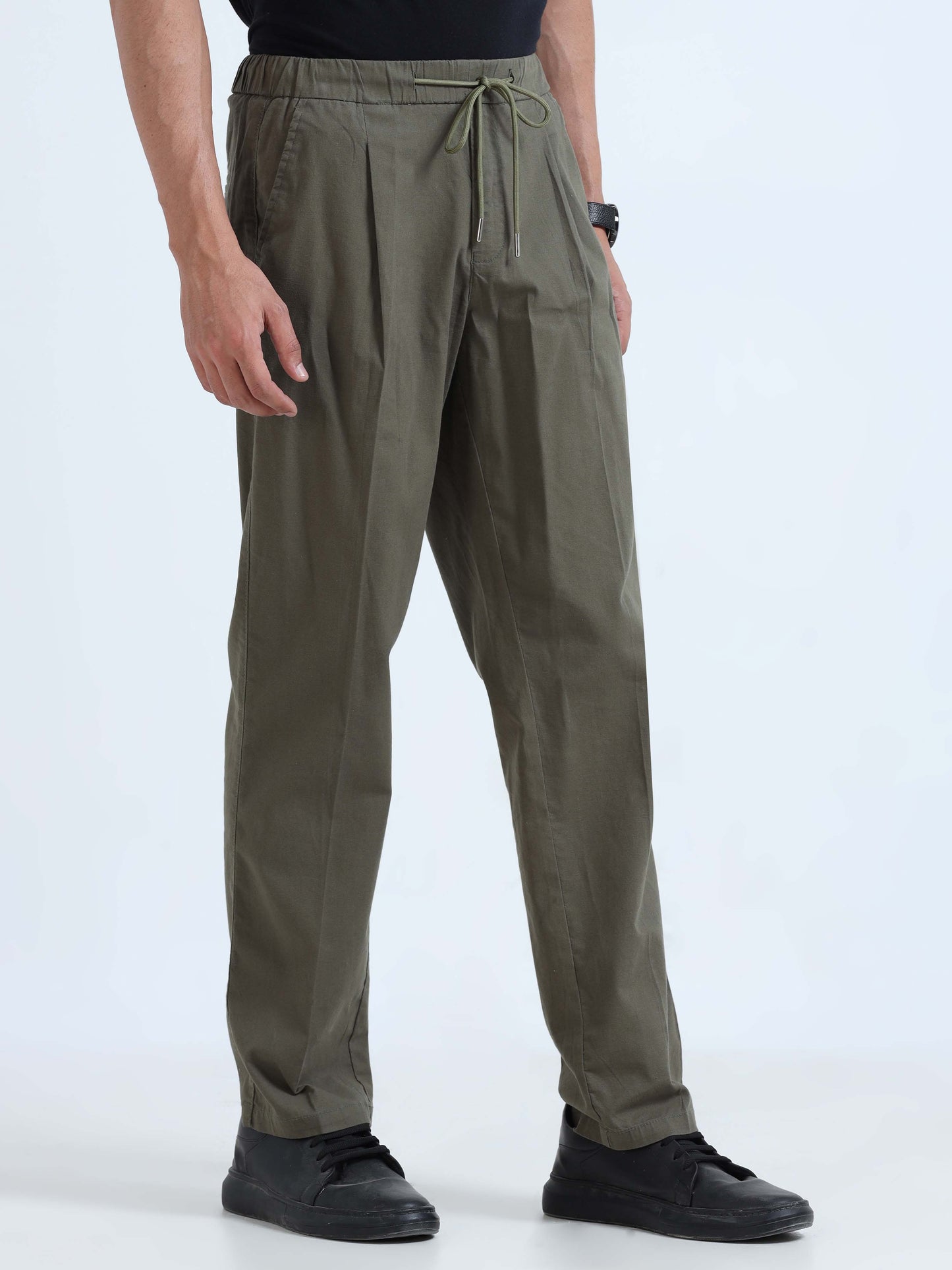 Olive Lazy Linen Pleated Formal Pants For Men