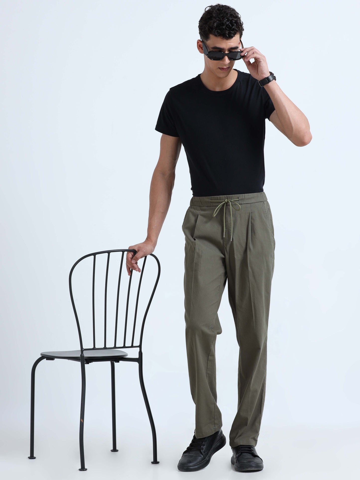 Olive Lazy Linen Pleated Formal Pants For Men