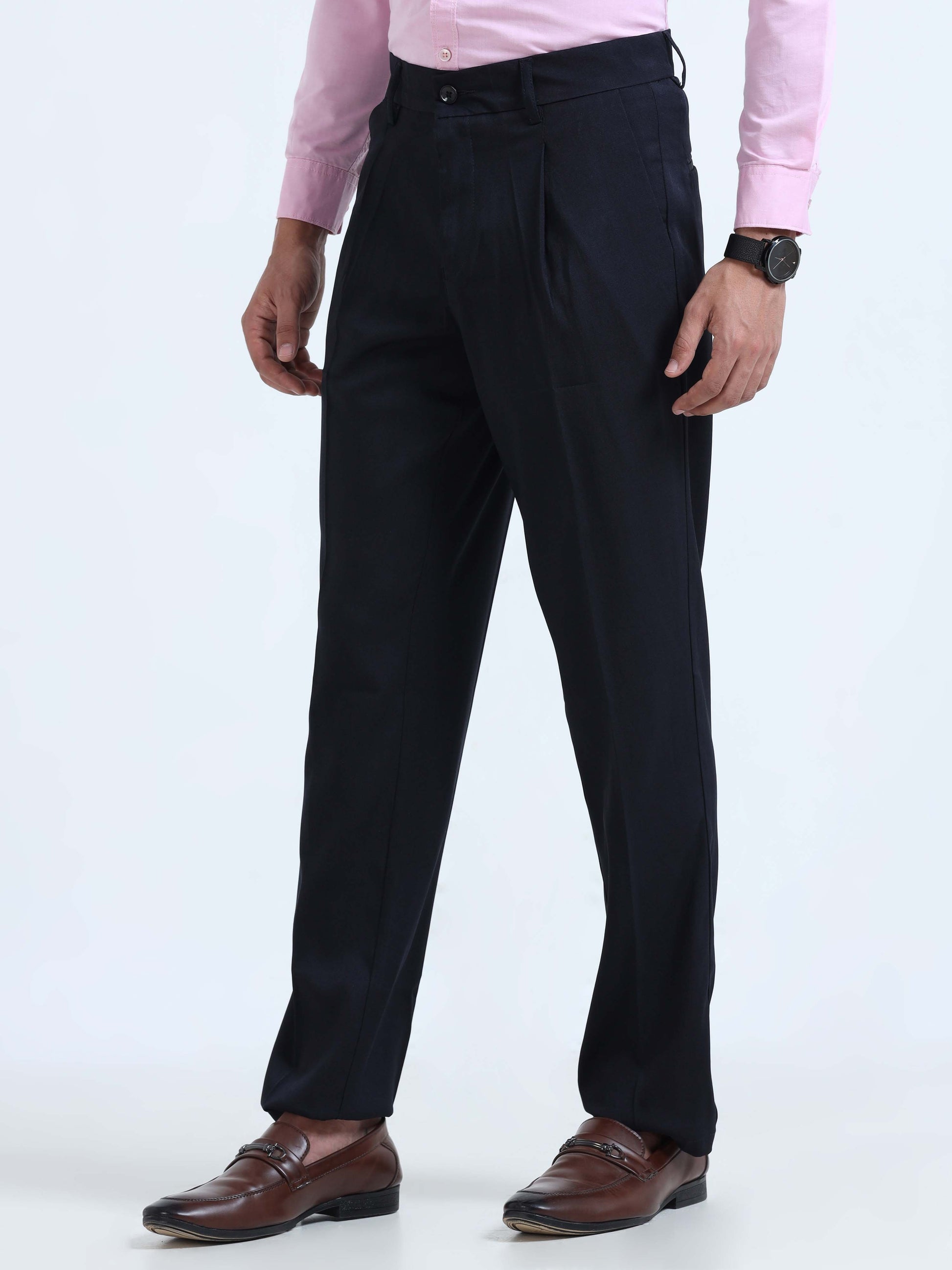 Navy Bon Voyage Pleated Trousers For Men