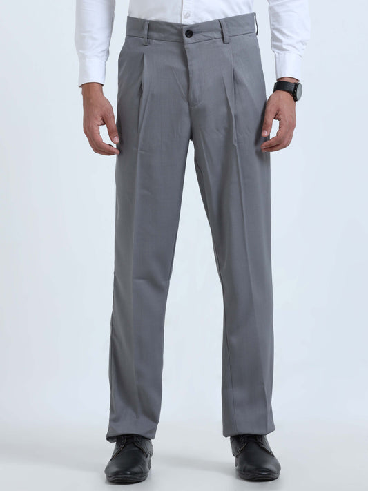 Light Grey Pleated Formal Trousers For Men