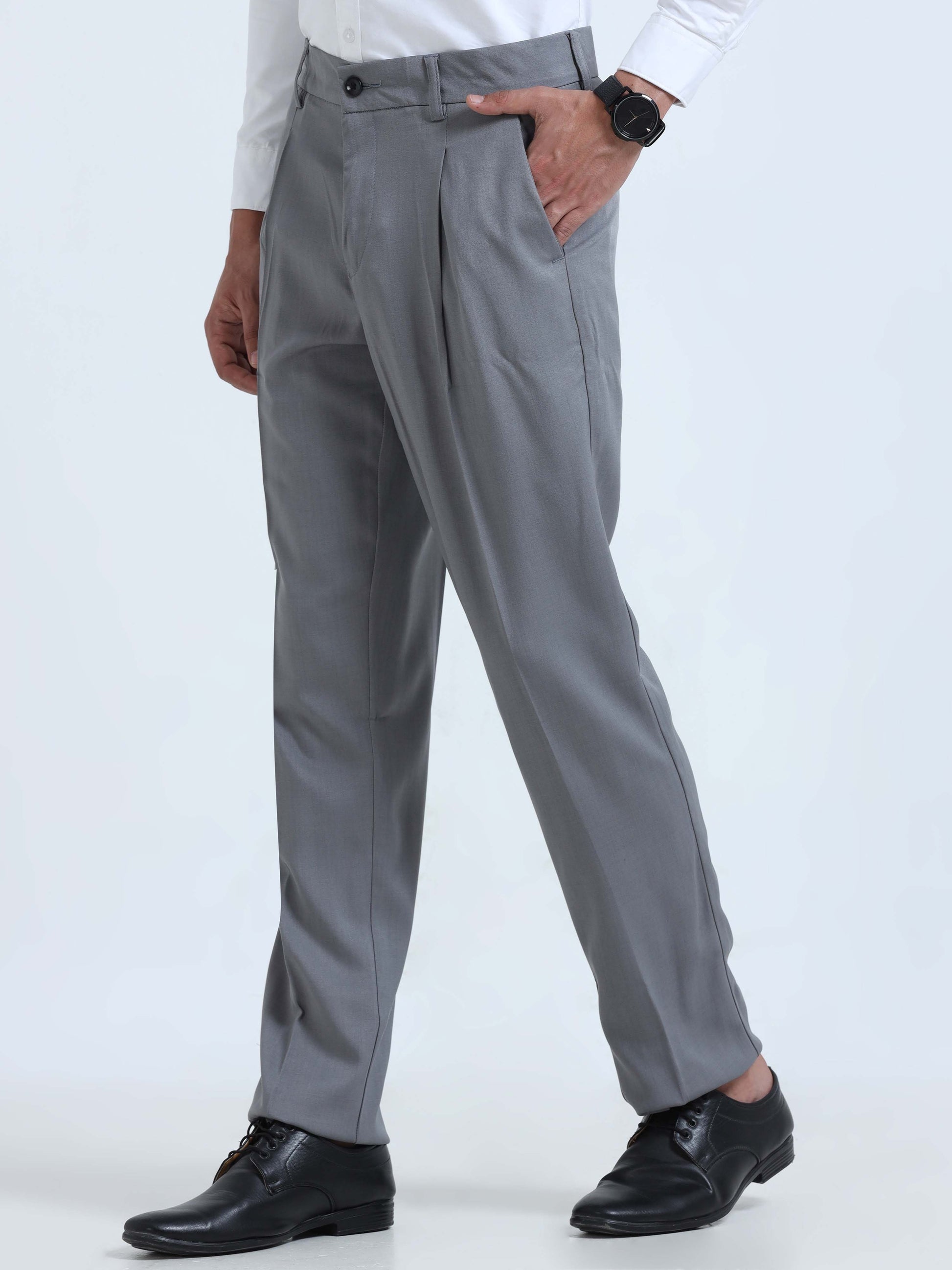 Light Grey Pleated Formal Trousers For Men