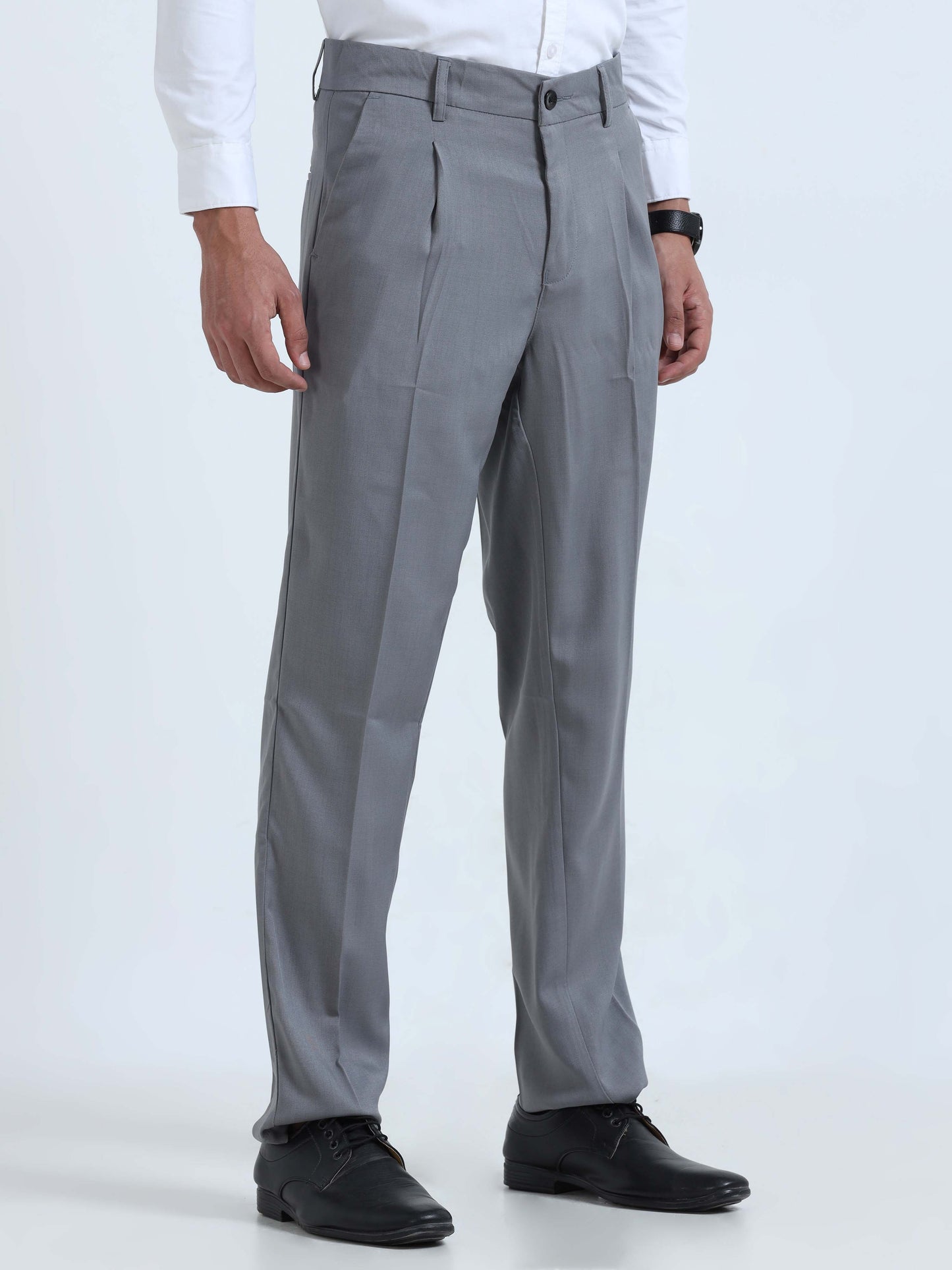 Light Grey Pleated Formal Trousers For Men