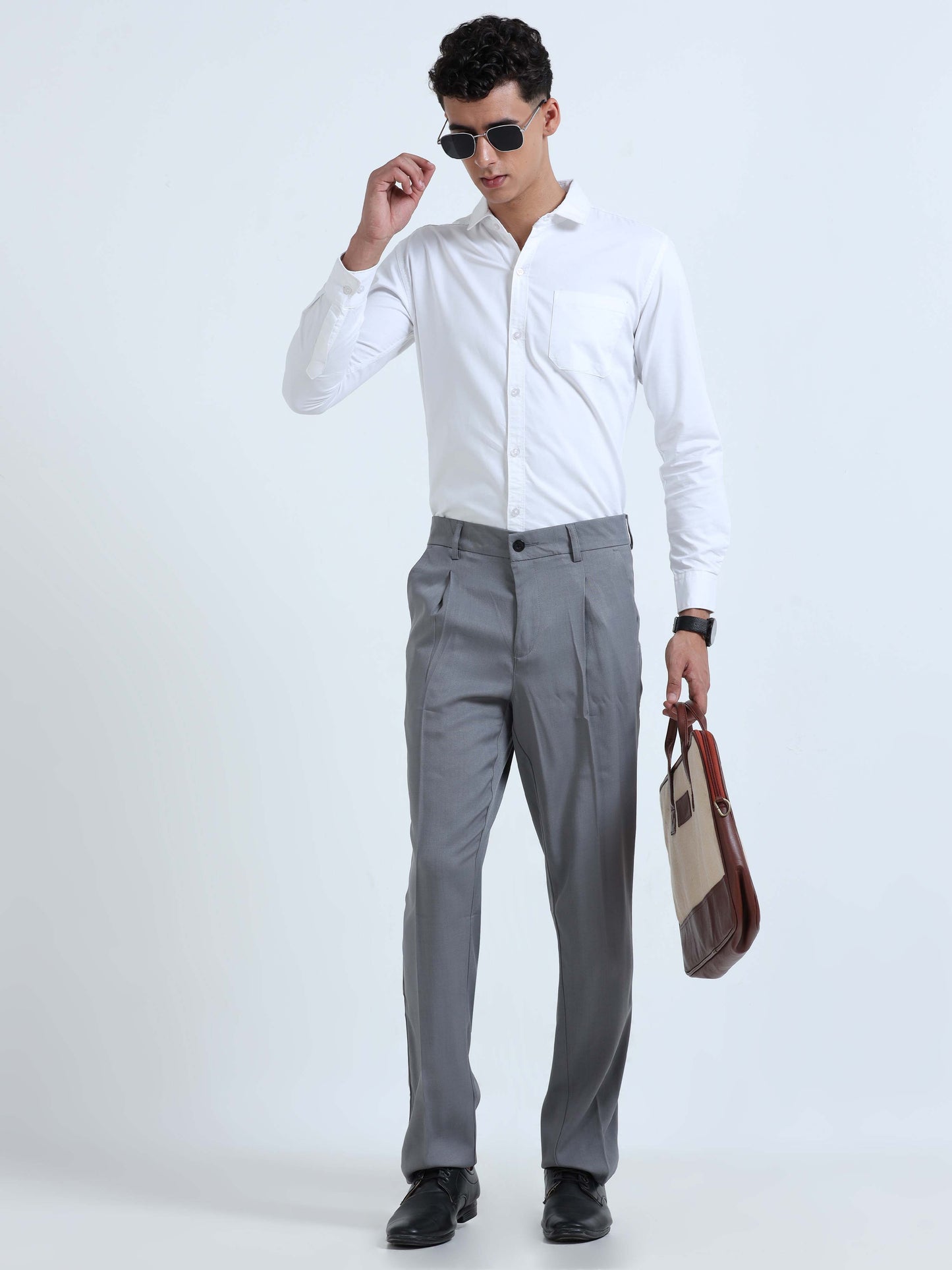 Light Grey Pleated Formal Trousers For Men