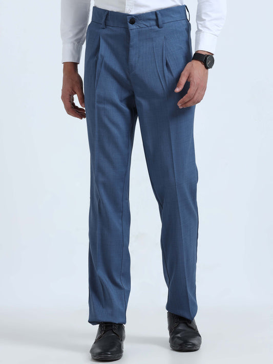 Royal Blue Pleated Formal Pants For Men