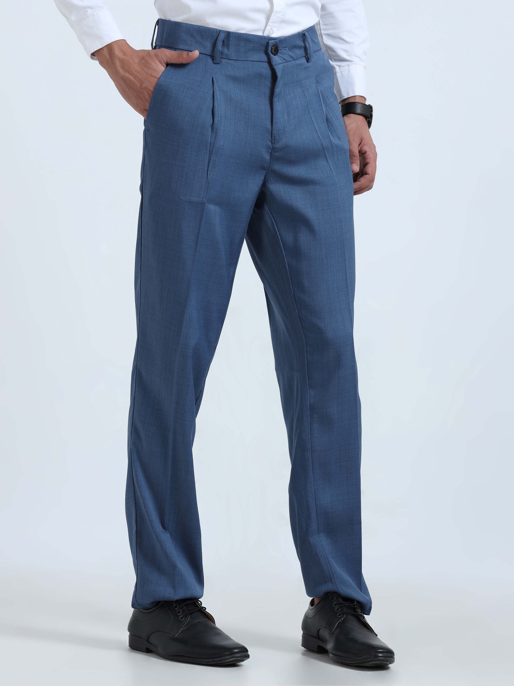 Royal Blue Pleated Formal Pants For Men