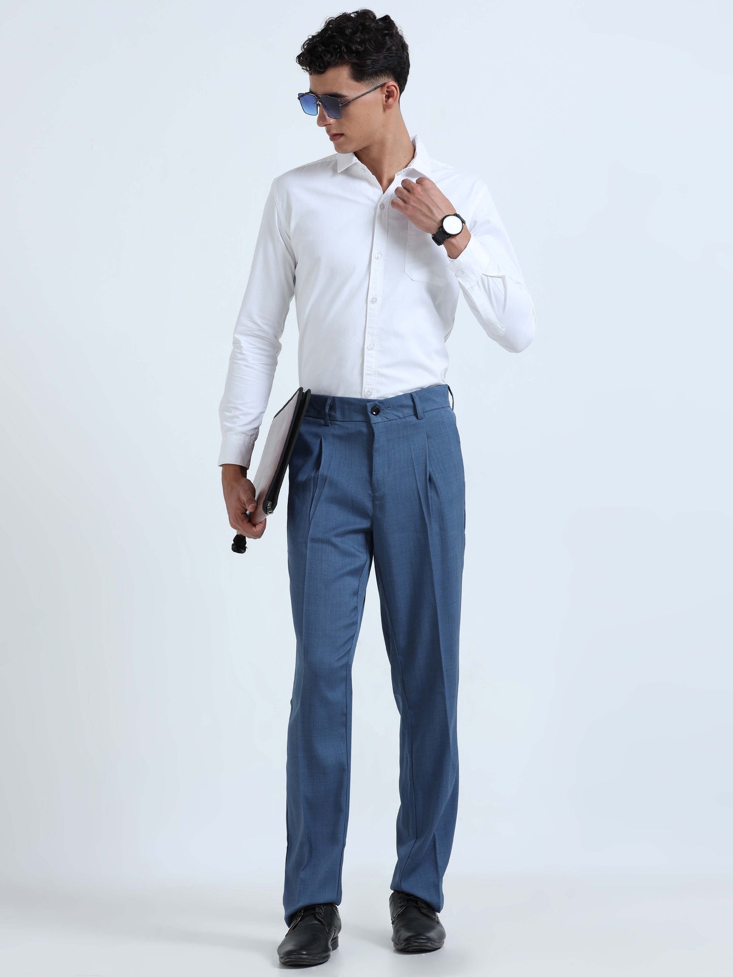 Royal Blue Pleated Formal Pants For Men