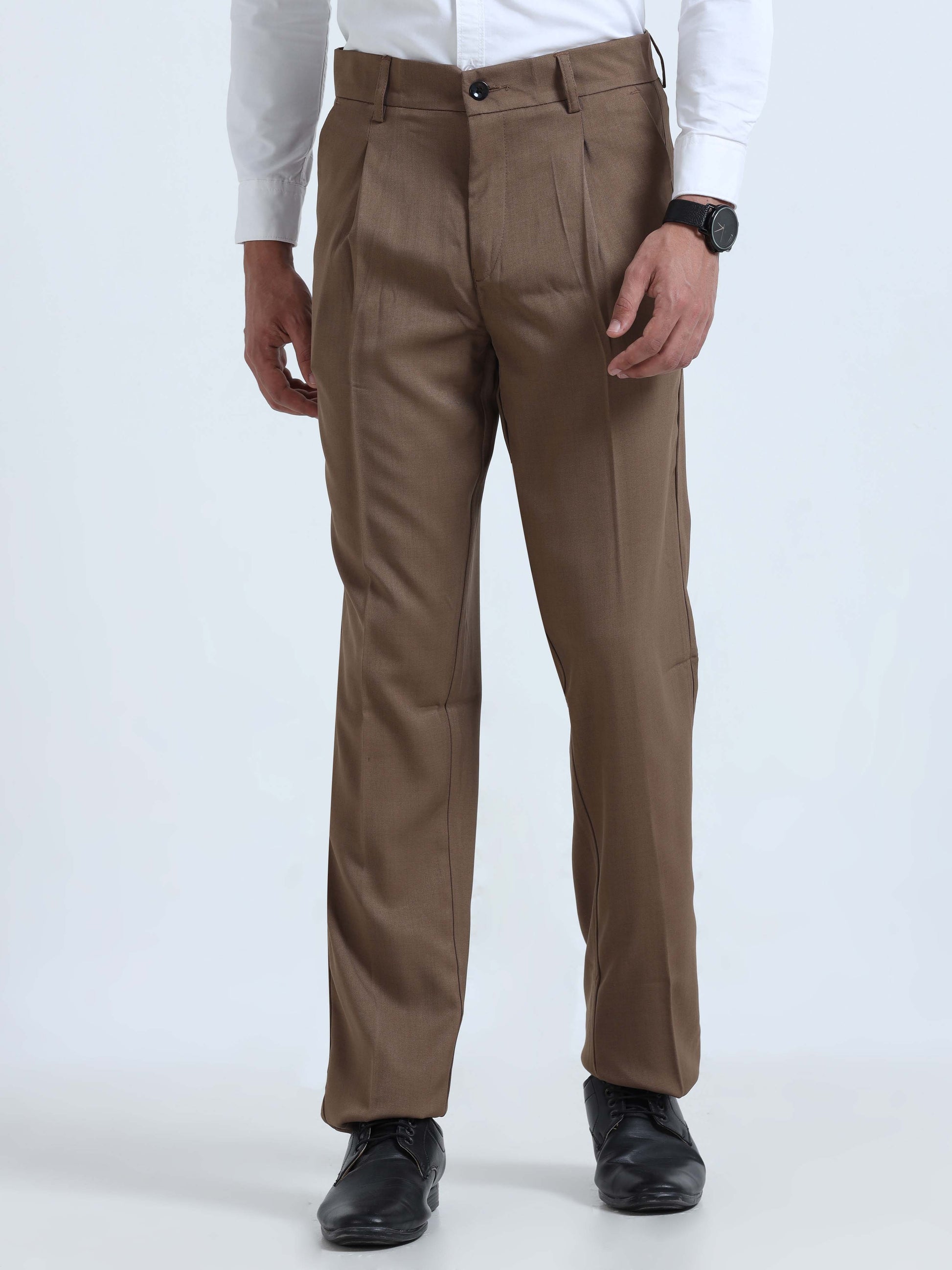 Khaki Pleated Trousers For Men