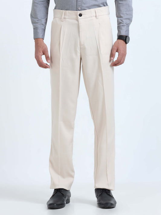 Cream Pleated Formal Trousers for men