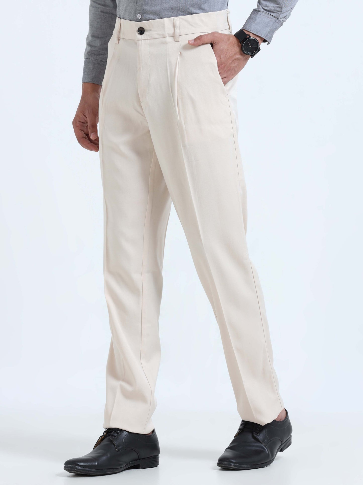 Cream Pleated Formal Trousers for men