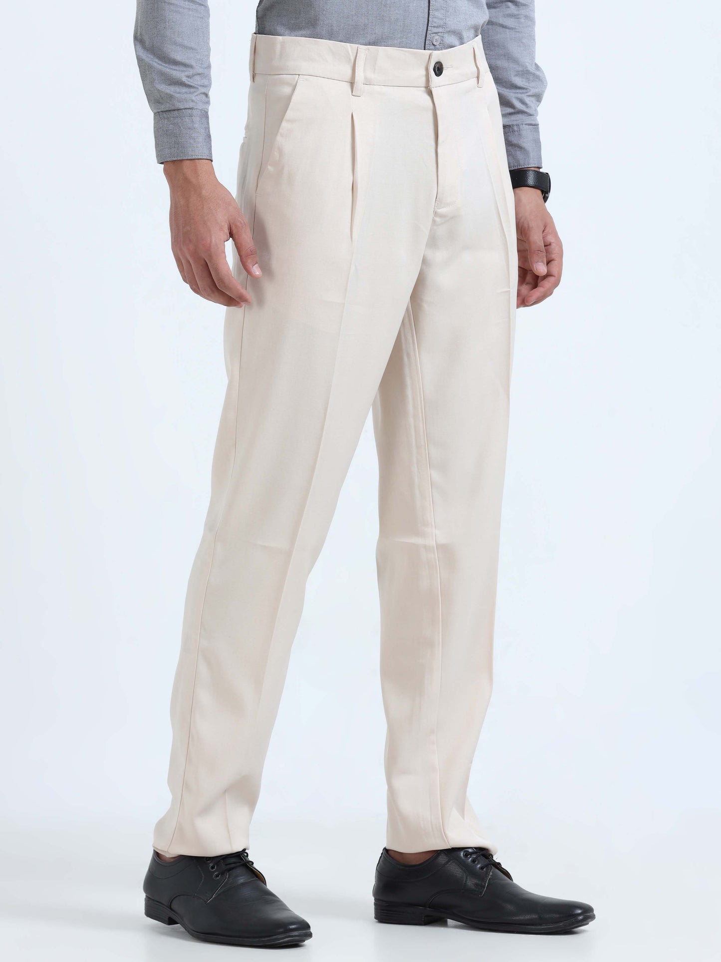 Cream Pleated Formal Trousers for men