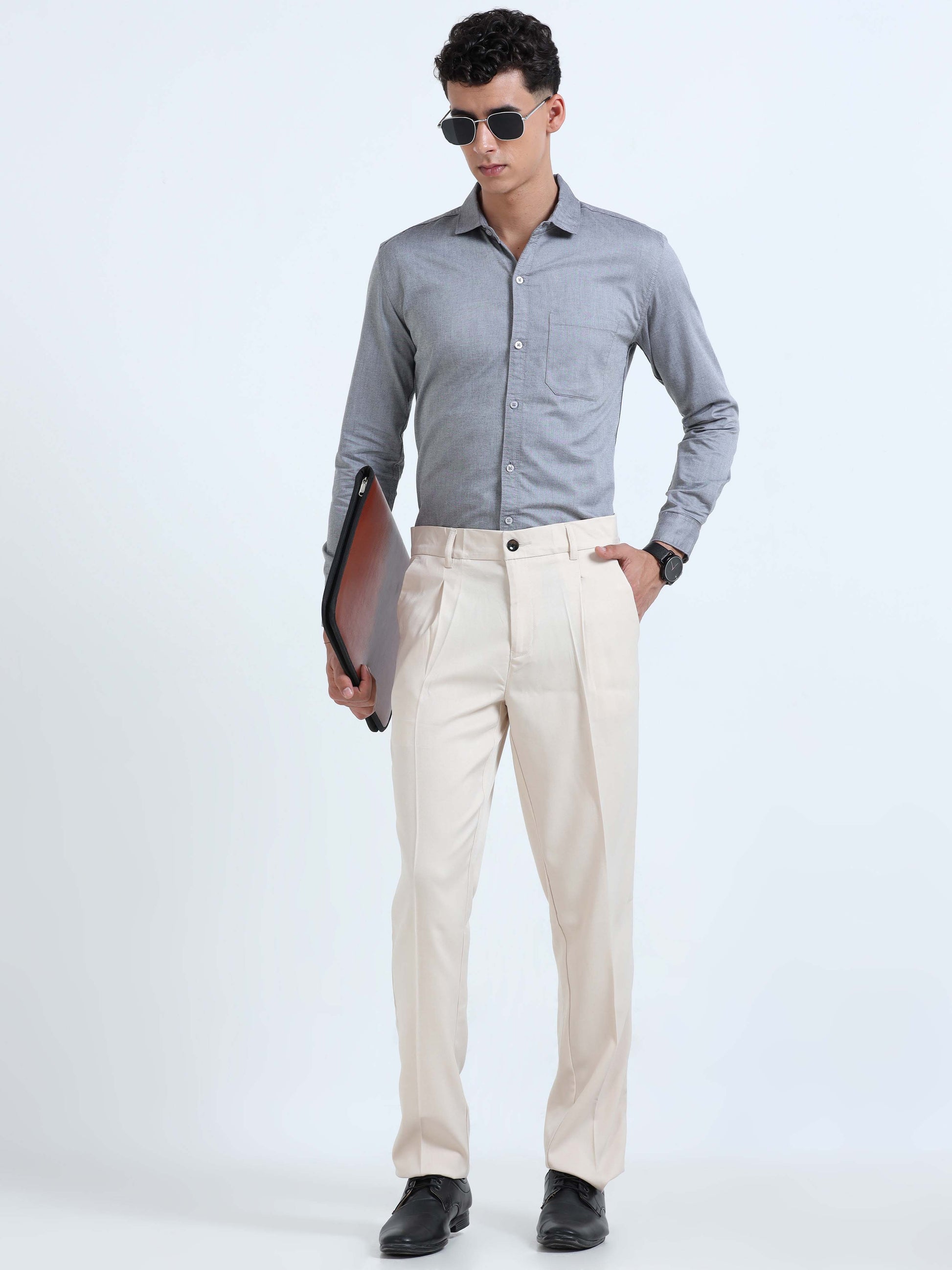 Cream Pleated Formal Trousers for men