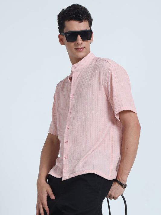 Summer Pink Mandarin Collar Shirt For Men