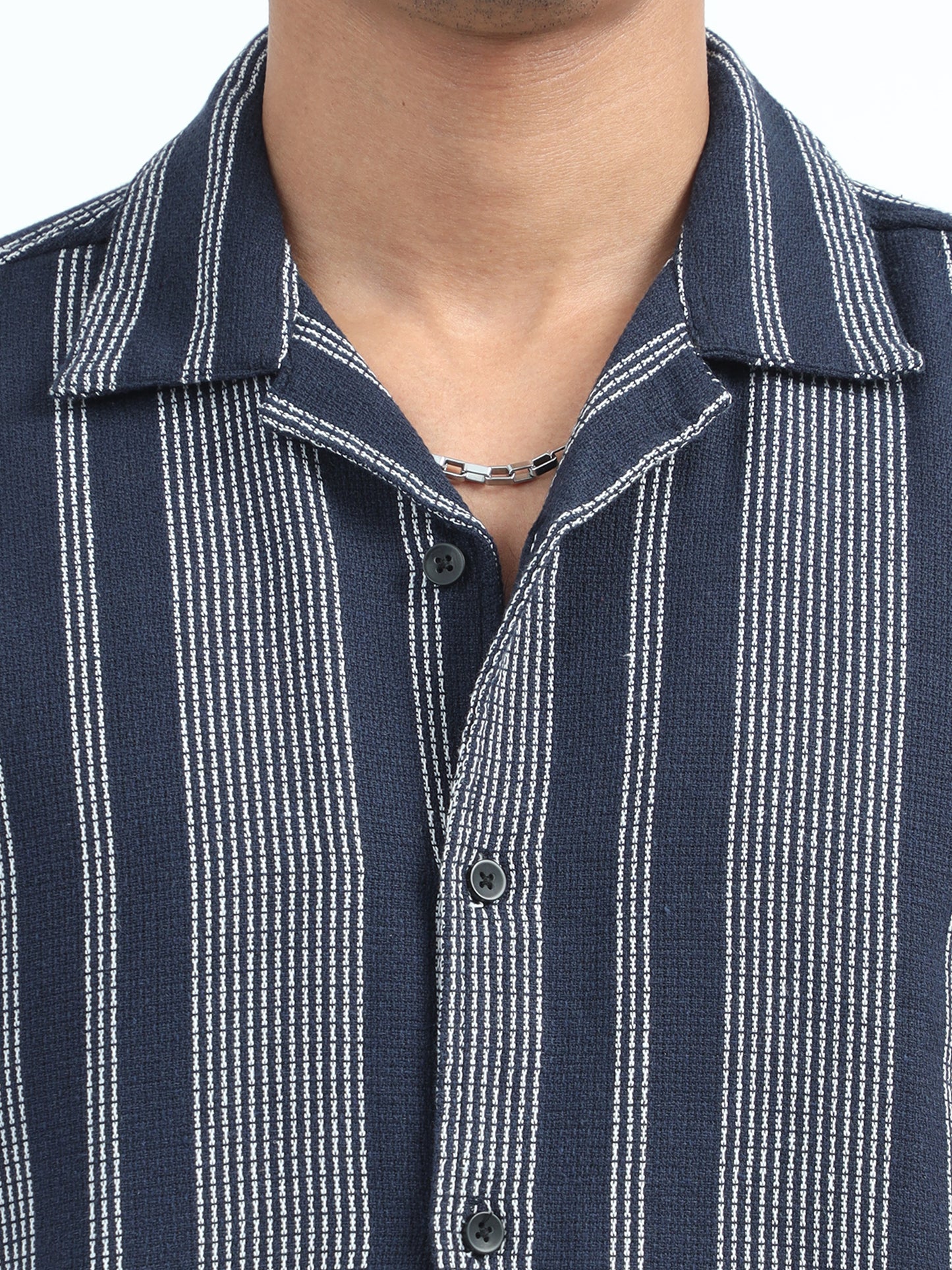 Navy Striped Jacquard Oversized Shirt For Men