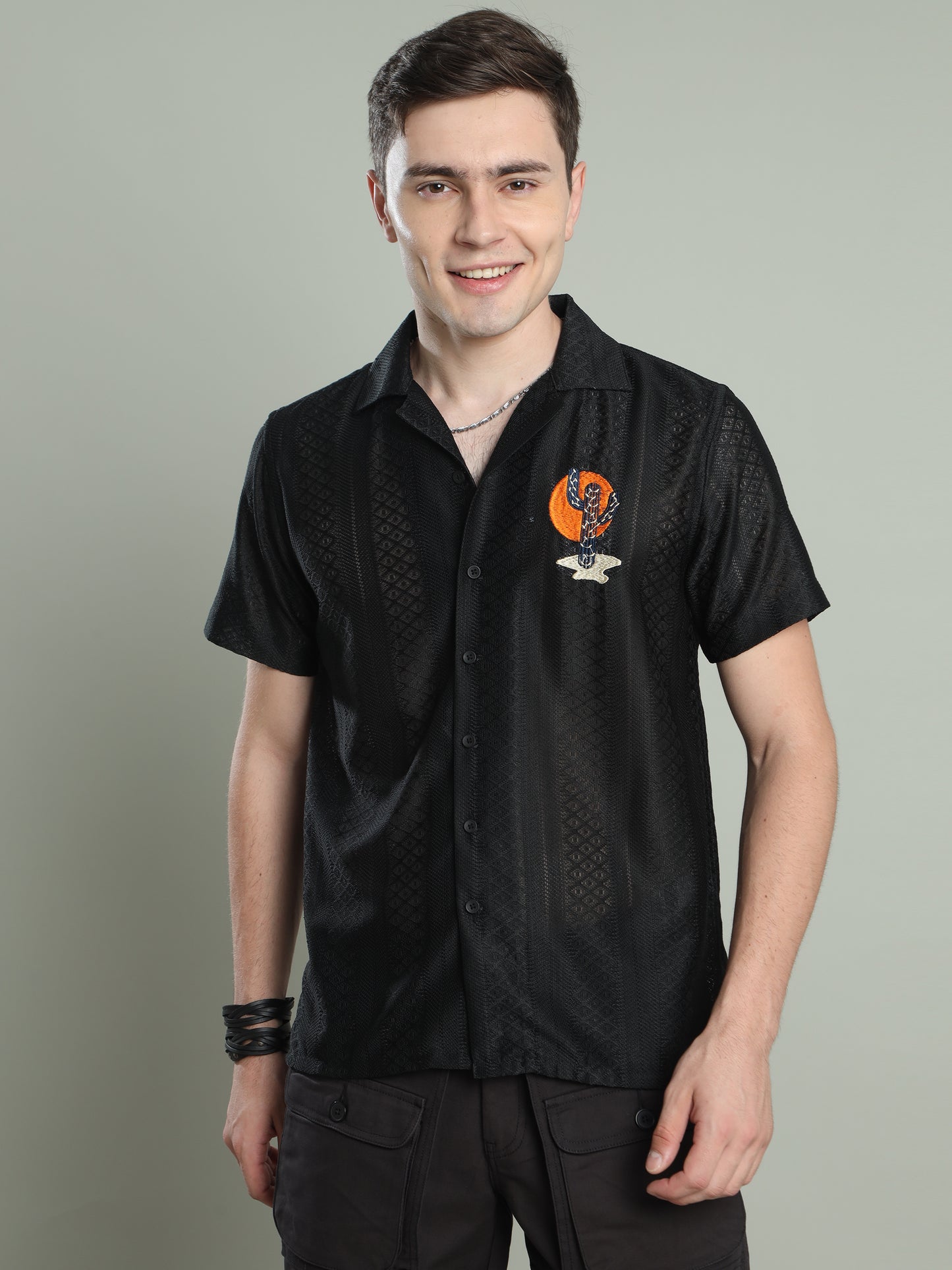 Black Embroidered Textured Shirt For Men