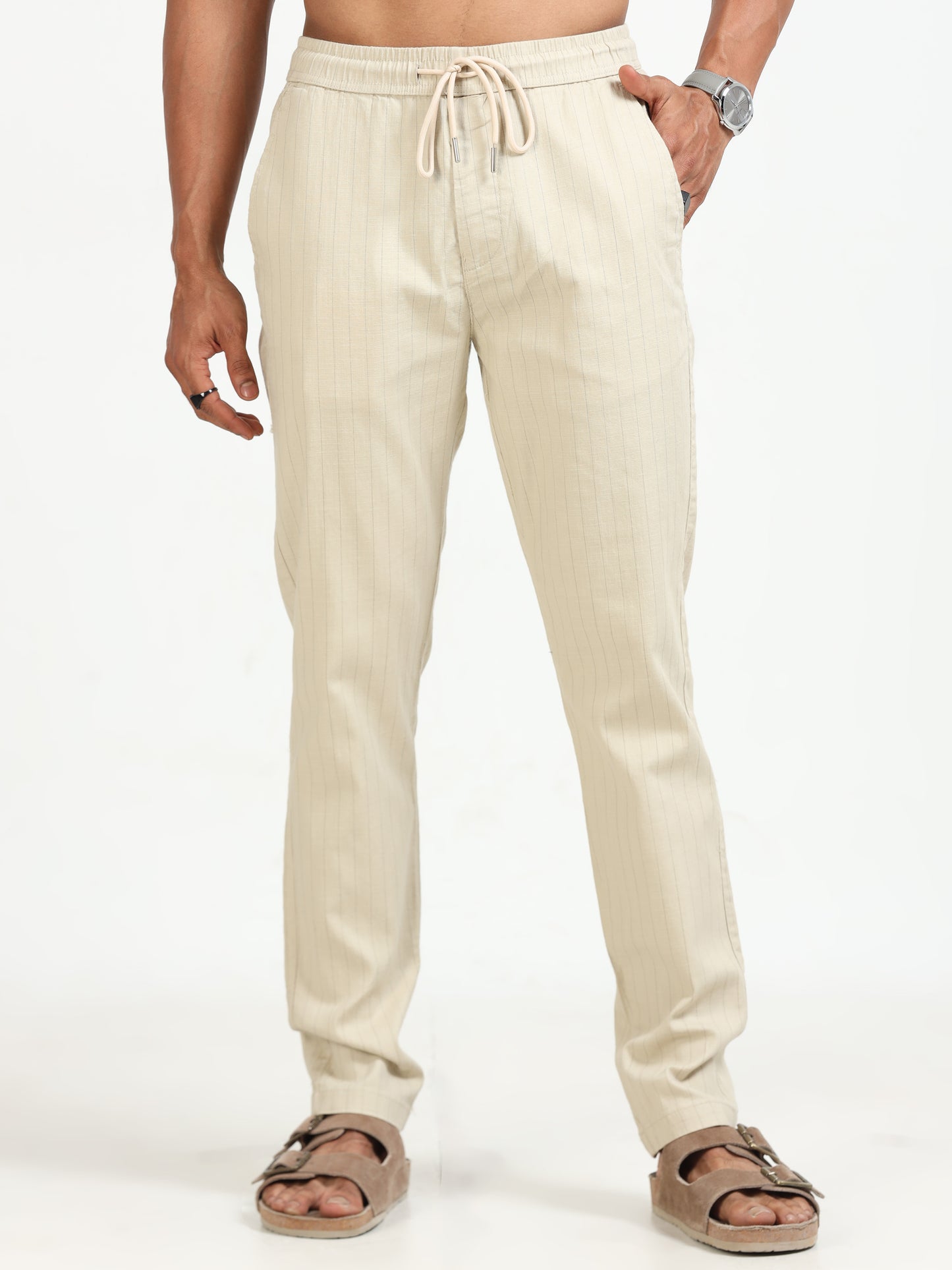 Beige Air Linen Stripe Pants for Men