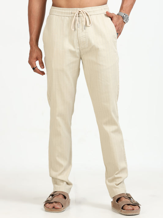 Beige Air Linen Stripe Pants for Men