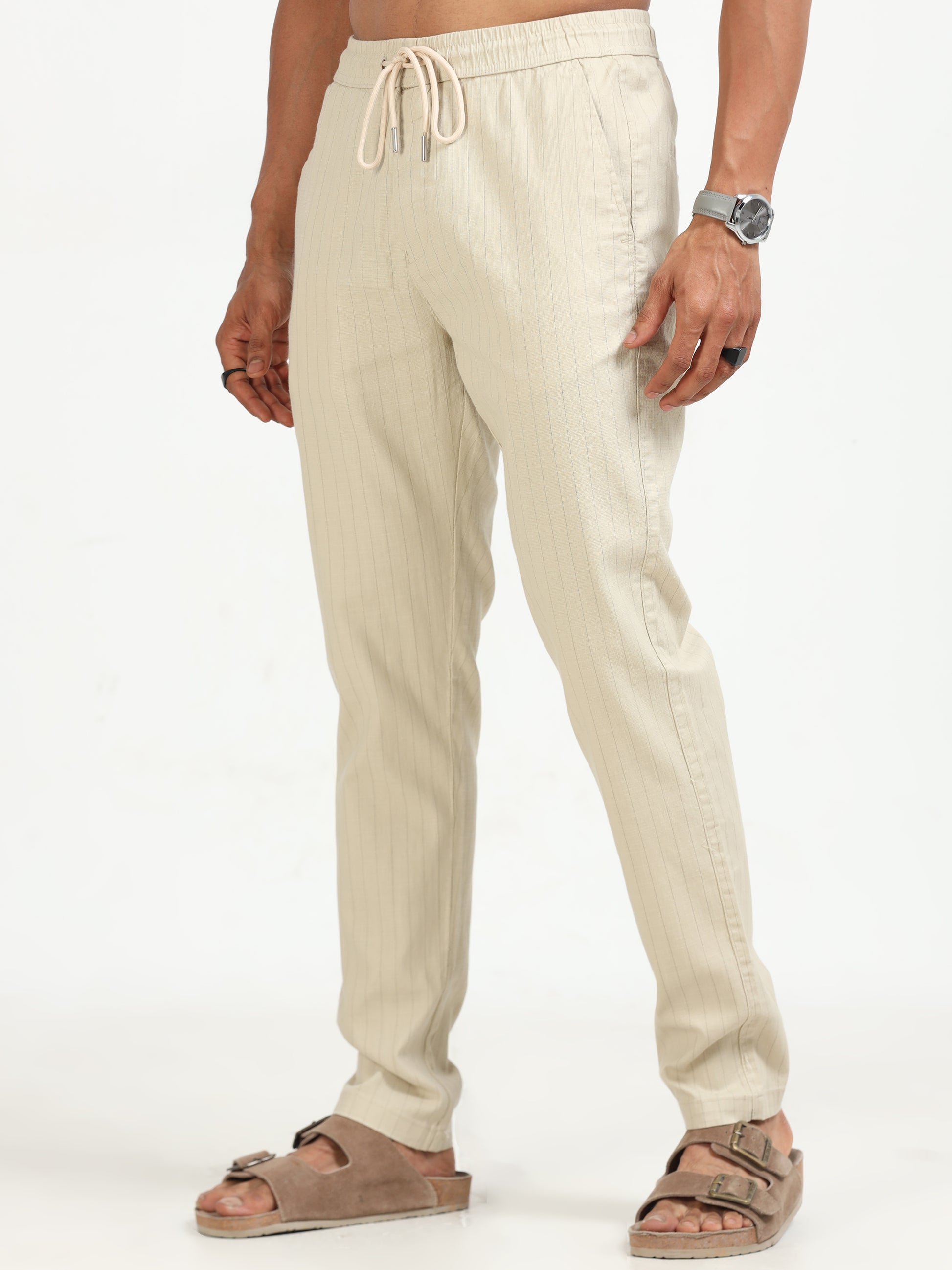 Beige Air Linen Stripe Pants for Men