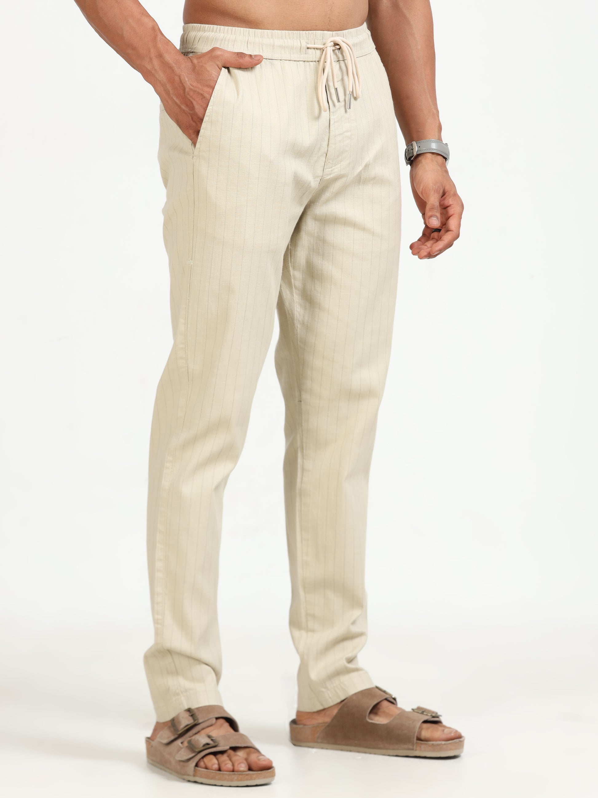 Beige Air Linen Stripe Pants for Men