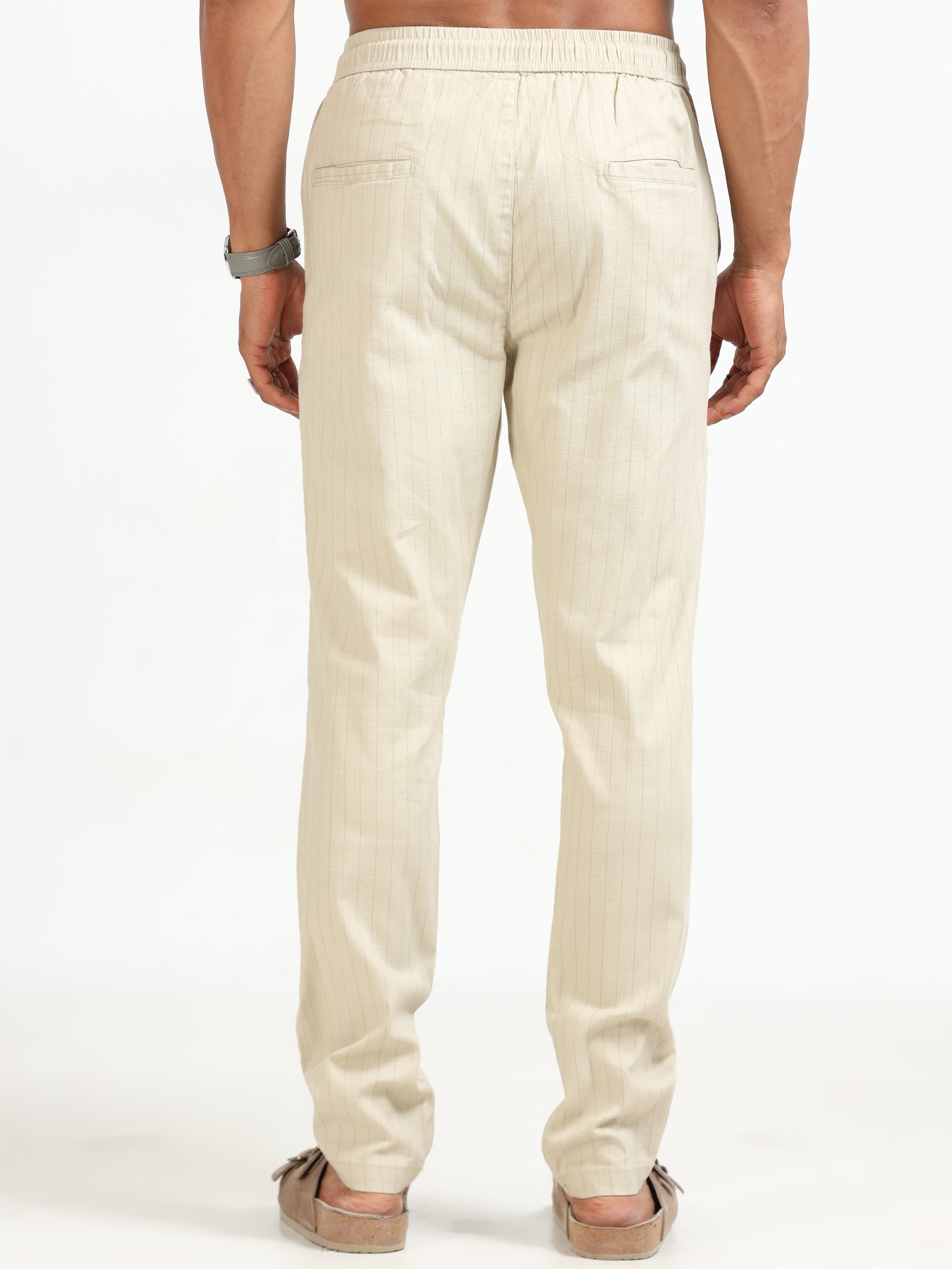 Beige Air Linen Stripe Pants for Men