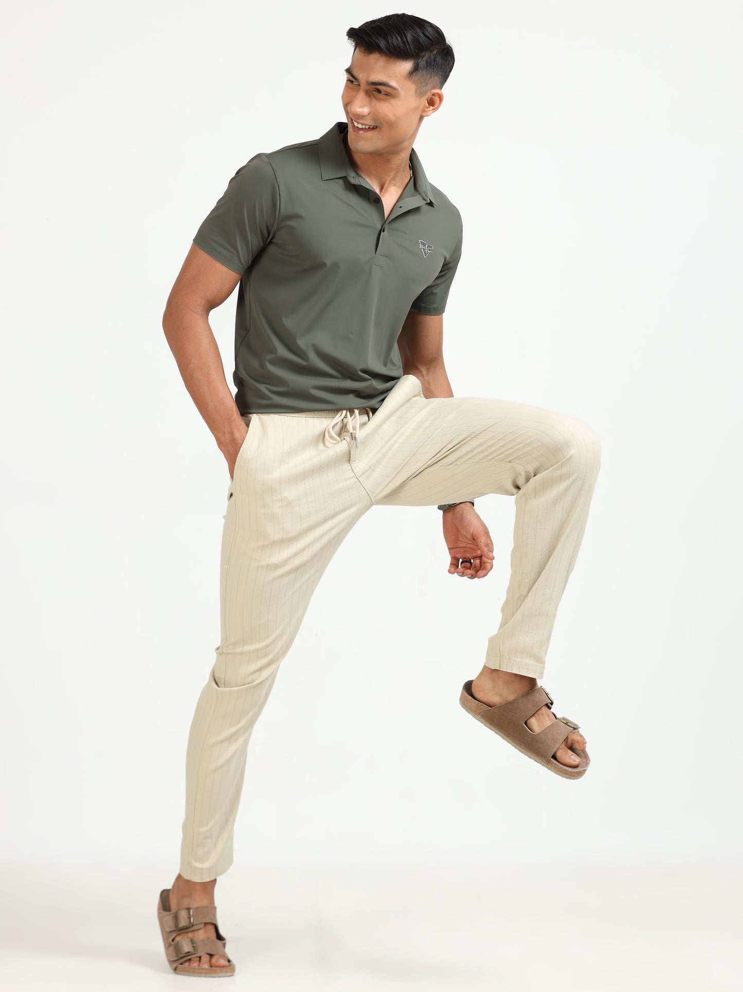 Beige Air Linen Stripe Pants for Men