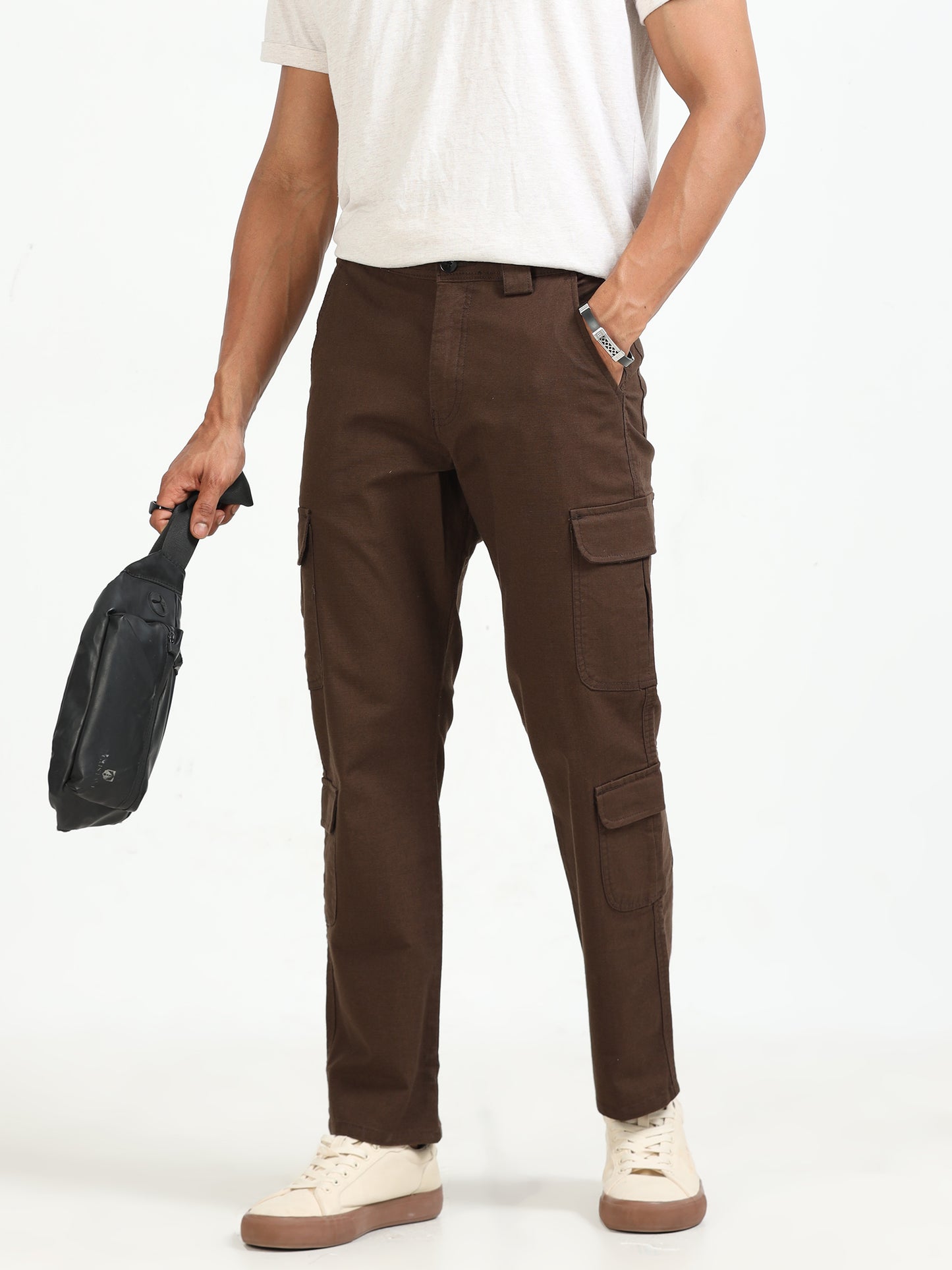 Lazy Brown Linen Cargo Pants for Men