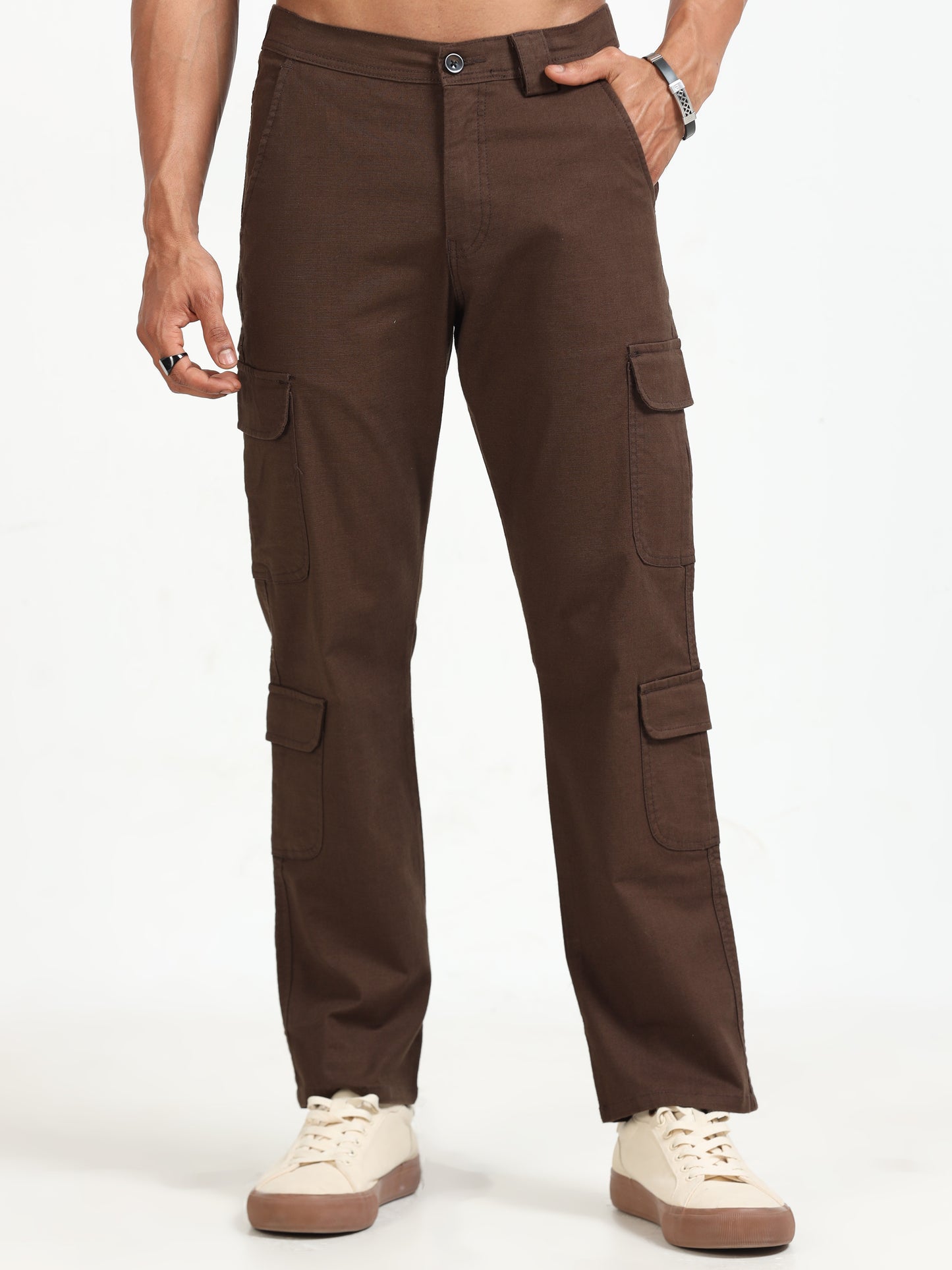 Lazy Brown Linen Cargo Pants for Men