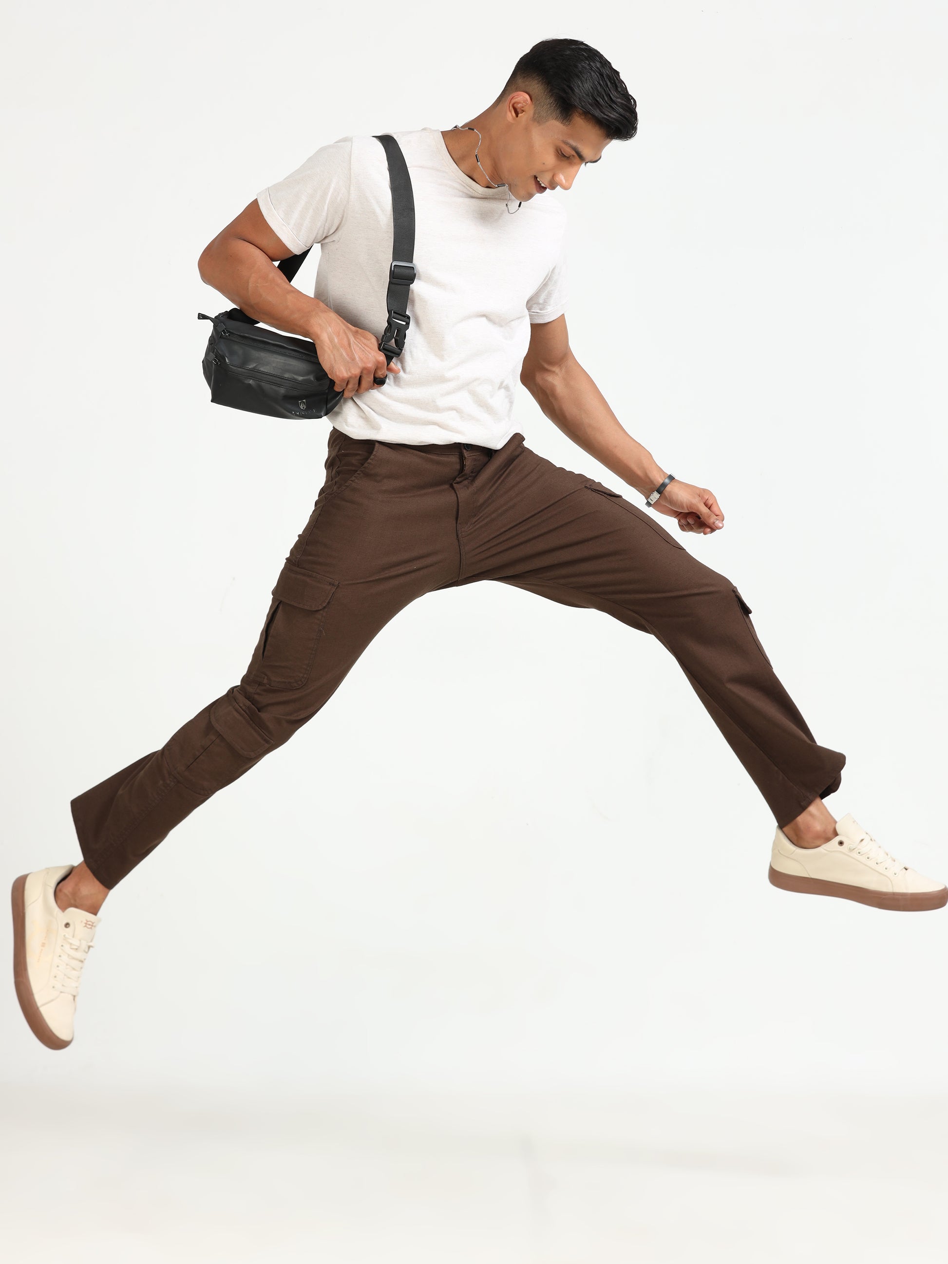 Lazy Brown Linen Cargo Pants for Men