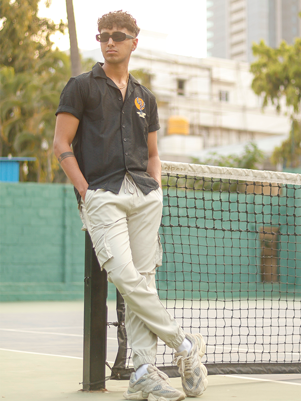 Embroidered Textured Black Shirt for Men